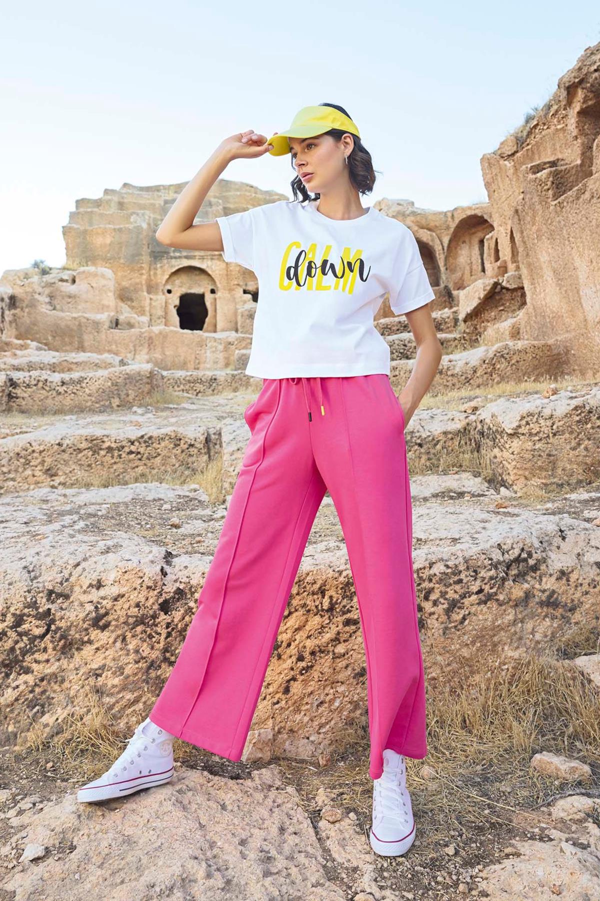 Kısa Kollu "Calm Down" Eşofman Takımı PEMBE L