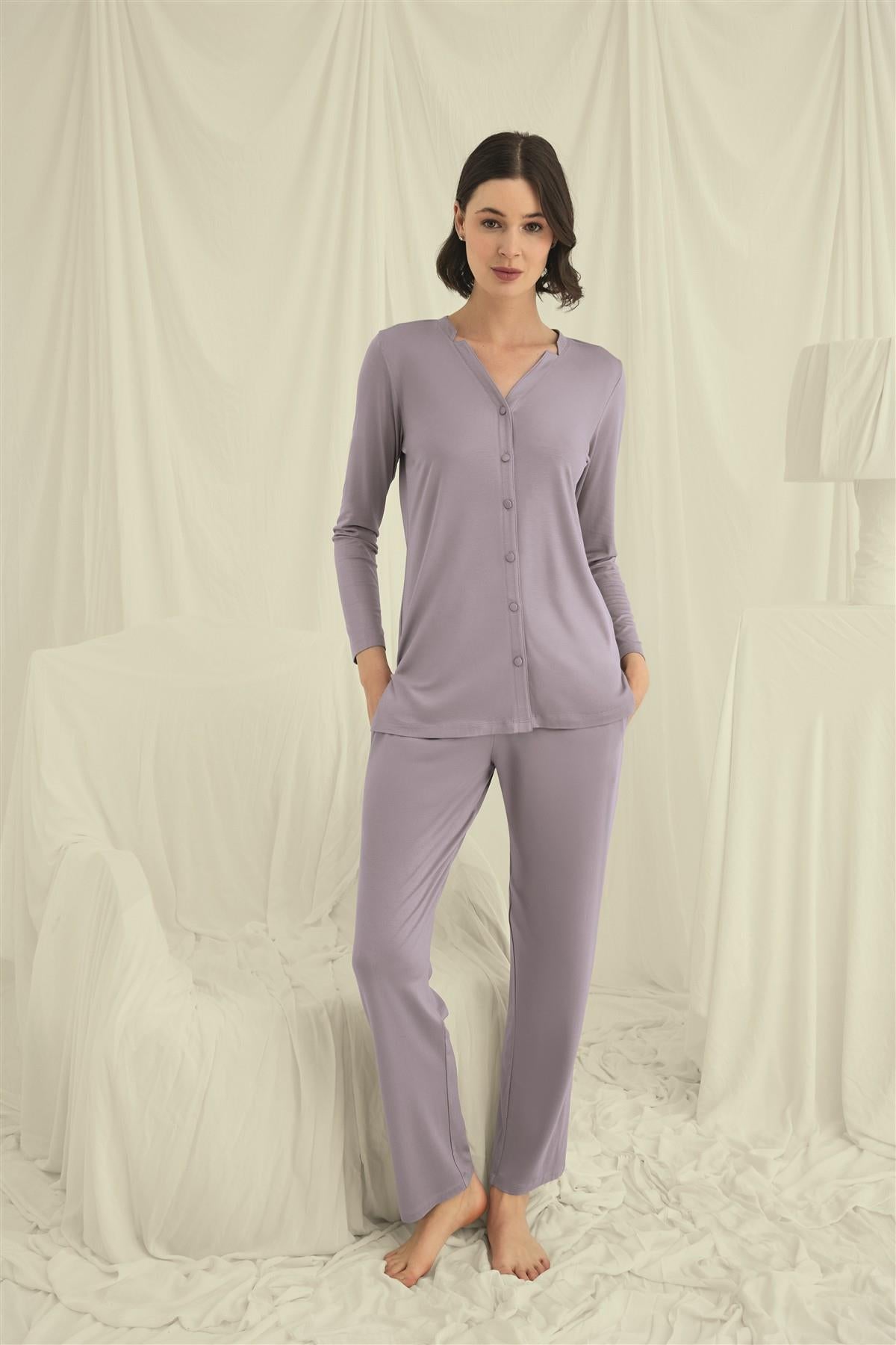 Uzun Kollu Boydan Düğmeli V Yaka Pijama Takımı GRİ L