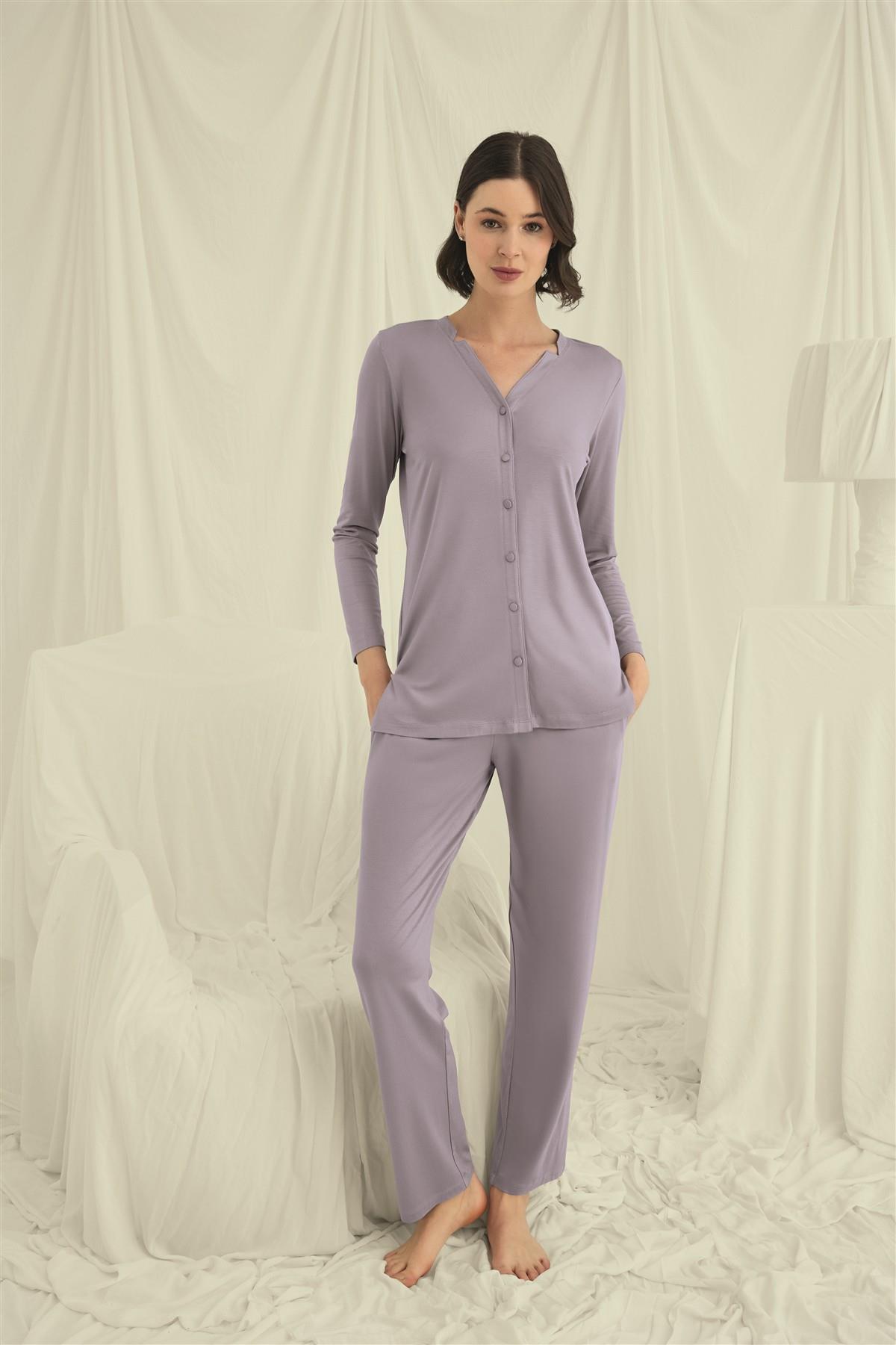 Uzun Kollu Boydan Düğmeli V Yaka Pijama Takımı GRİ L