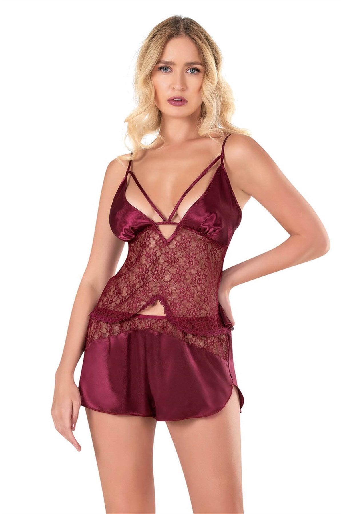 Aria's Closet Bordo Saten Babydoll Şort Takımı BORDO S