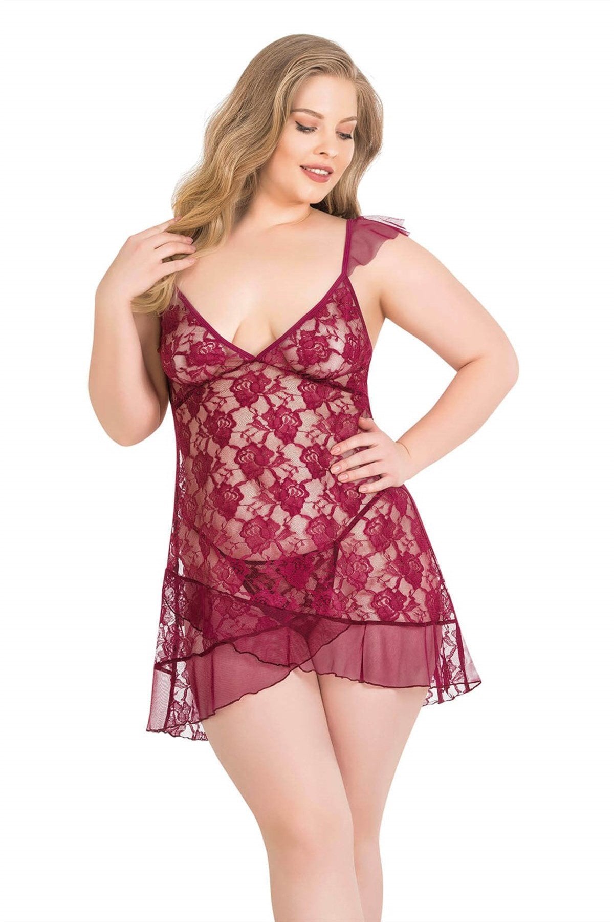 Aria's Closet Büyük Beden Bordo Kısa Tül Gecelik BORDO 2XL