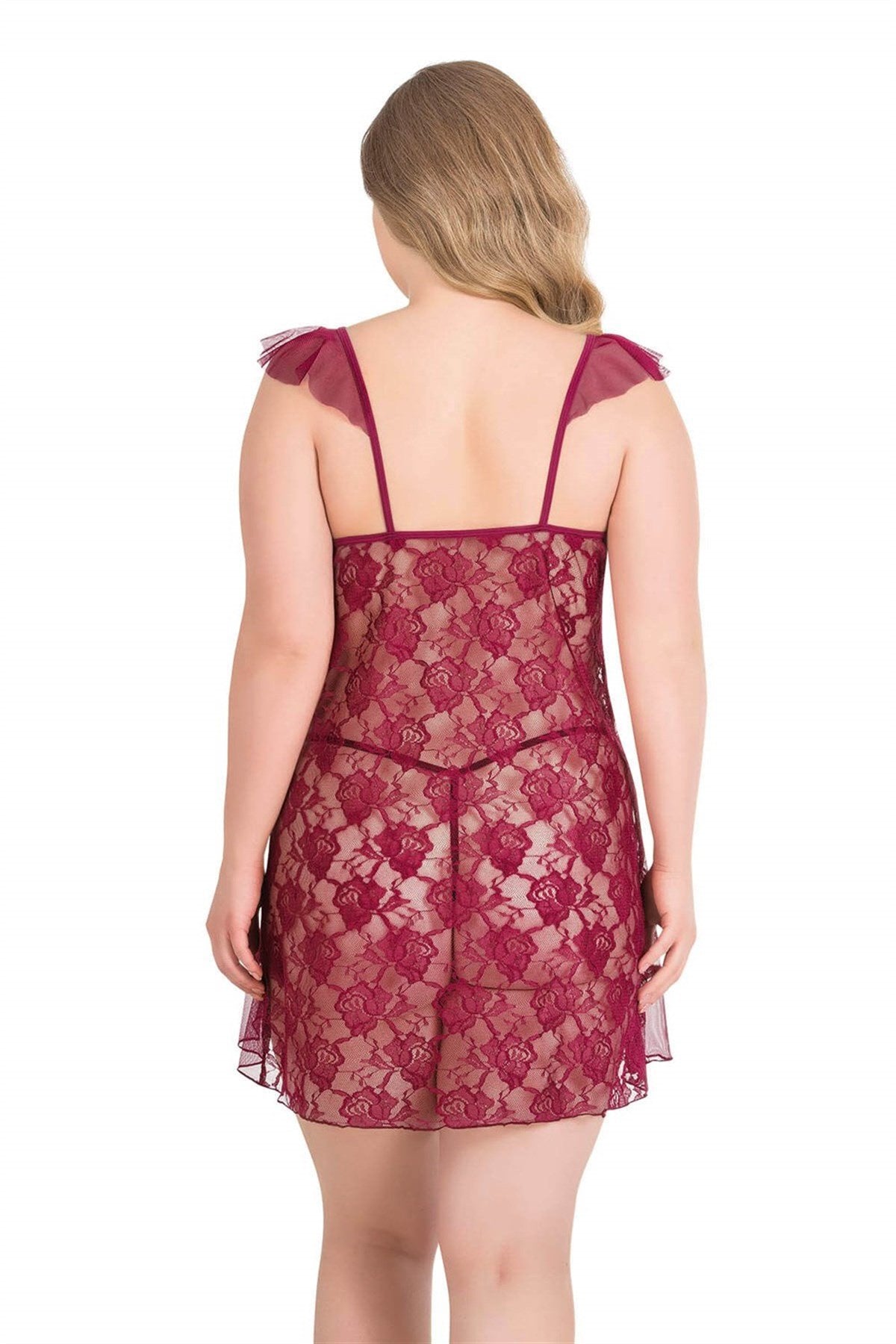 Aria's Closet Büyük Beden Bordo Kısa Tül Gecelik