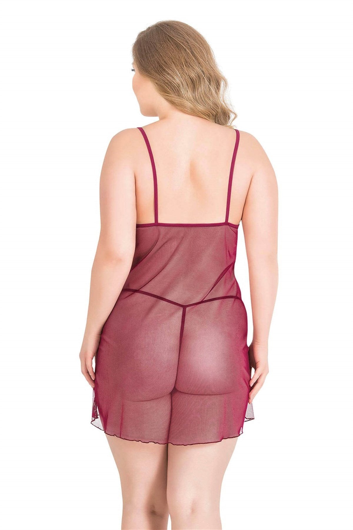 Aria's Closet Büyük Beden Bordo Kısa Tül Gecelik
