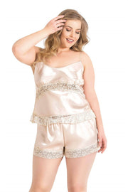 Aria's Closet Büyük Beden Fildişi Saten Babydoll Şort Takımı FİL DİŞİ 2XL