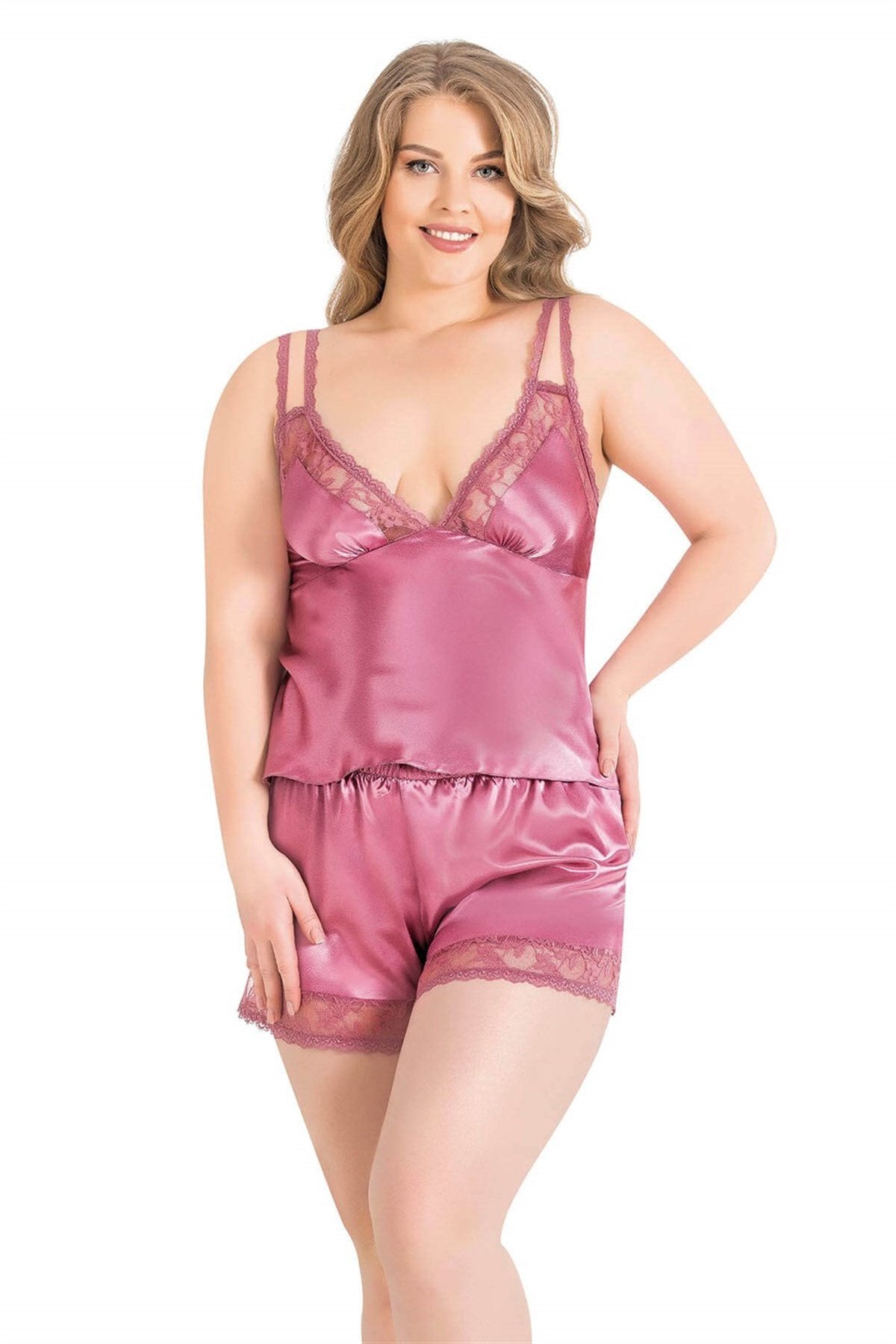 Aria's Closet Büyük Beden Gül Kurusu Saten Babydoll Şort Takımı GÜL KURUSU 2XL