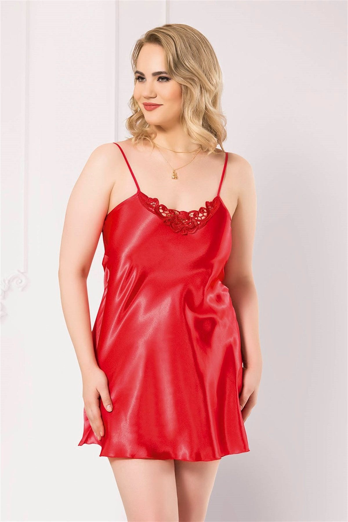 Aria's Closet Büyük Beden Kırmızı Kısa Saten Gecelik KIRMIZI 2XL