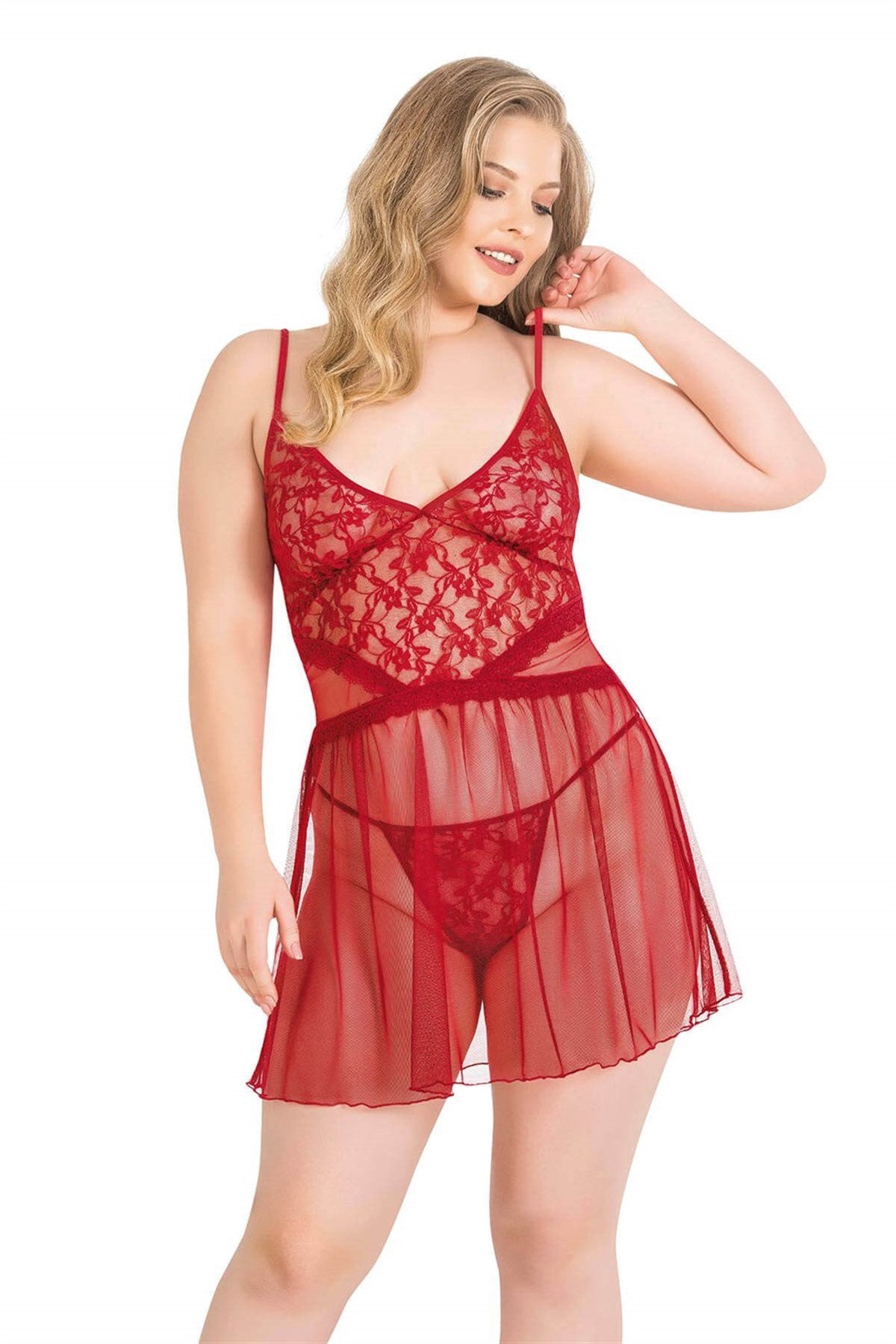 Aria's Closet Büyük Beden Kırmızı Kısa Tül Gecelik KIRMIZI 2XL