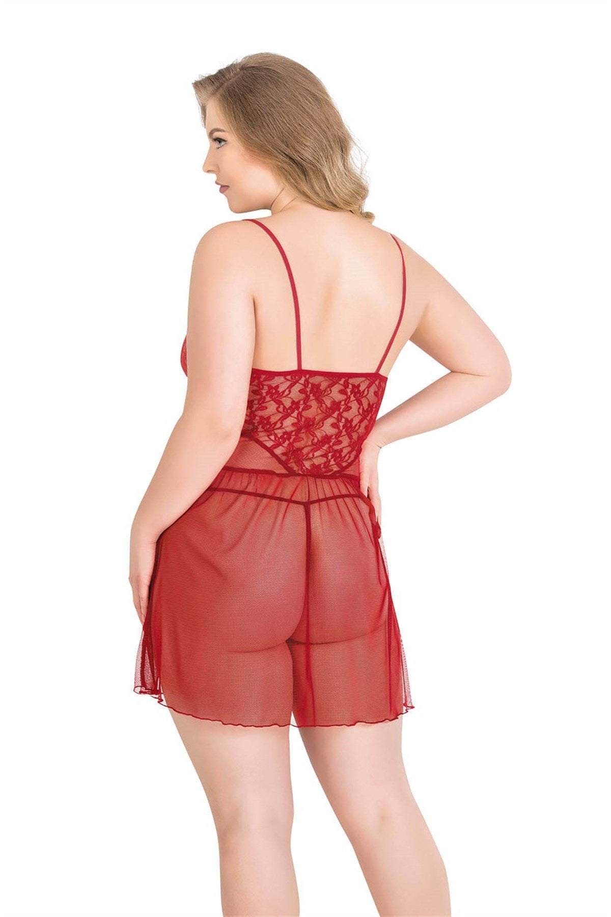 Aria's Closet Büyük Beden Kırmızı Kısa Tül Gecelik