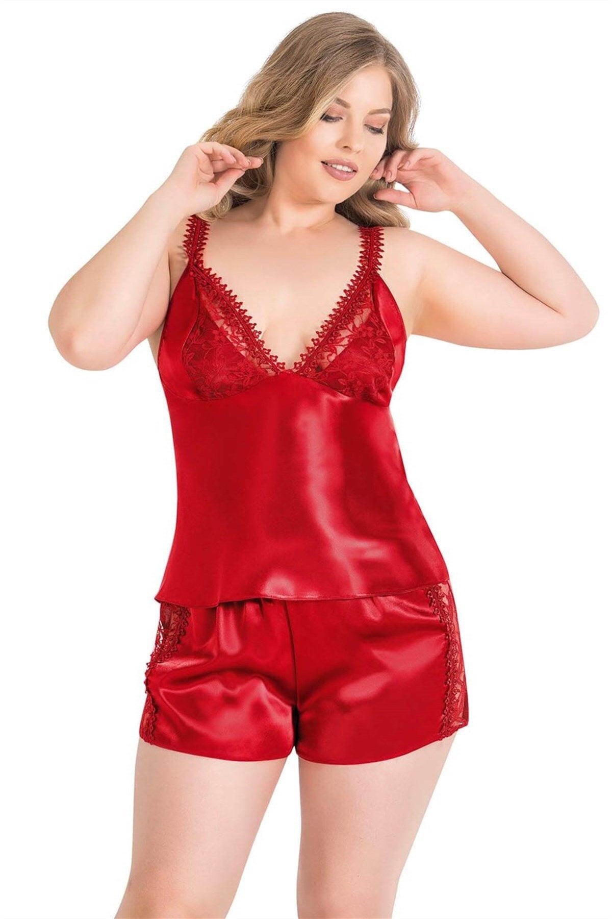 Aria's Closet Büyük Beden Kırmızı Saten Babydoll Şort Takımı KIRMIZI 2XL