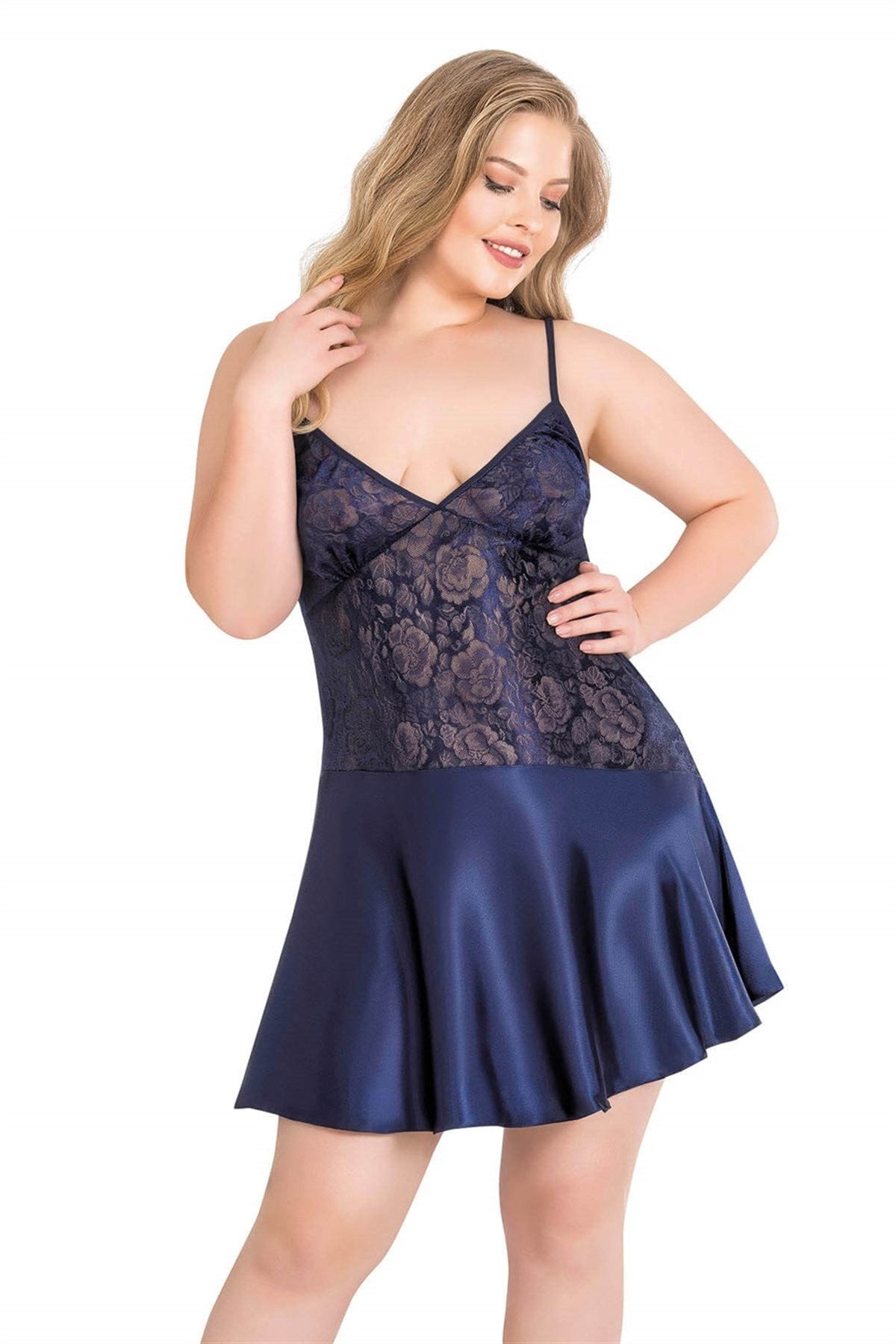 Aria's Closet Büyük Beden Lacivert Kısa Saten Gecelik LACİVERT 2XL
