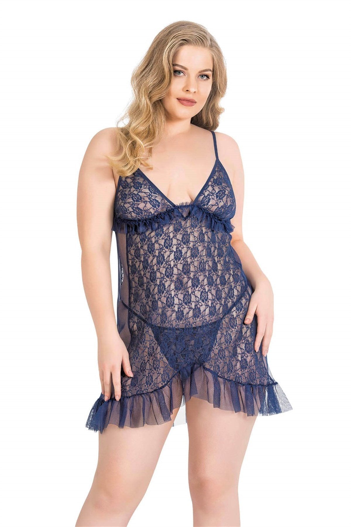 Aria's Closet Büyük Beden Lacivert Kısa Tül Gecelik LACİVERT 2XL