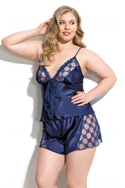 Aria's Closet Büyük Beden Lacivert Saten Babydoll Şort Takımı LACİVERT 2XL