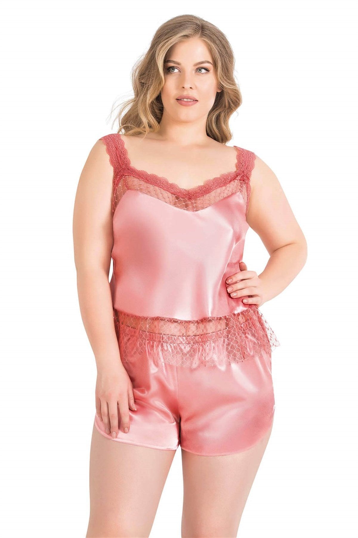 Aria's Closet Büyük Beden Mercan Saten Babydoll Şort Takımı MERCAN 2XL