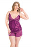 Aria's Closet Büyük Beden Mor Saten Babydoll Şort Takımı MOR 2XL