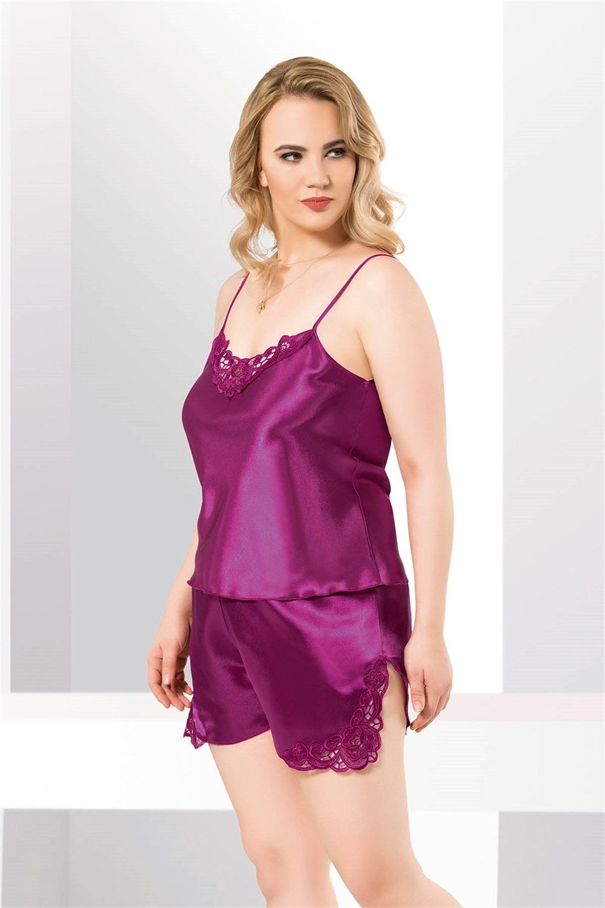Aria's Closet Büyük Beden Mor Saten Babydoll Şort Takımı MOR 2XL