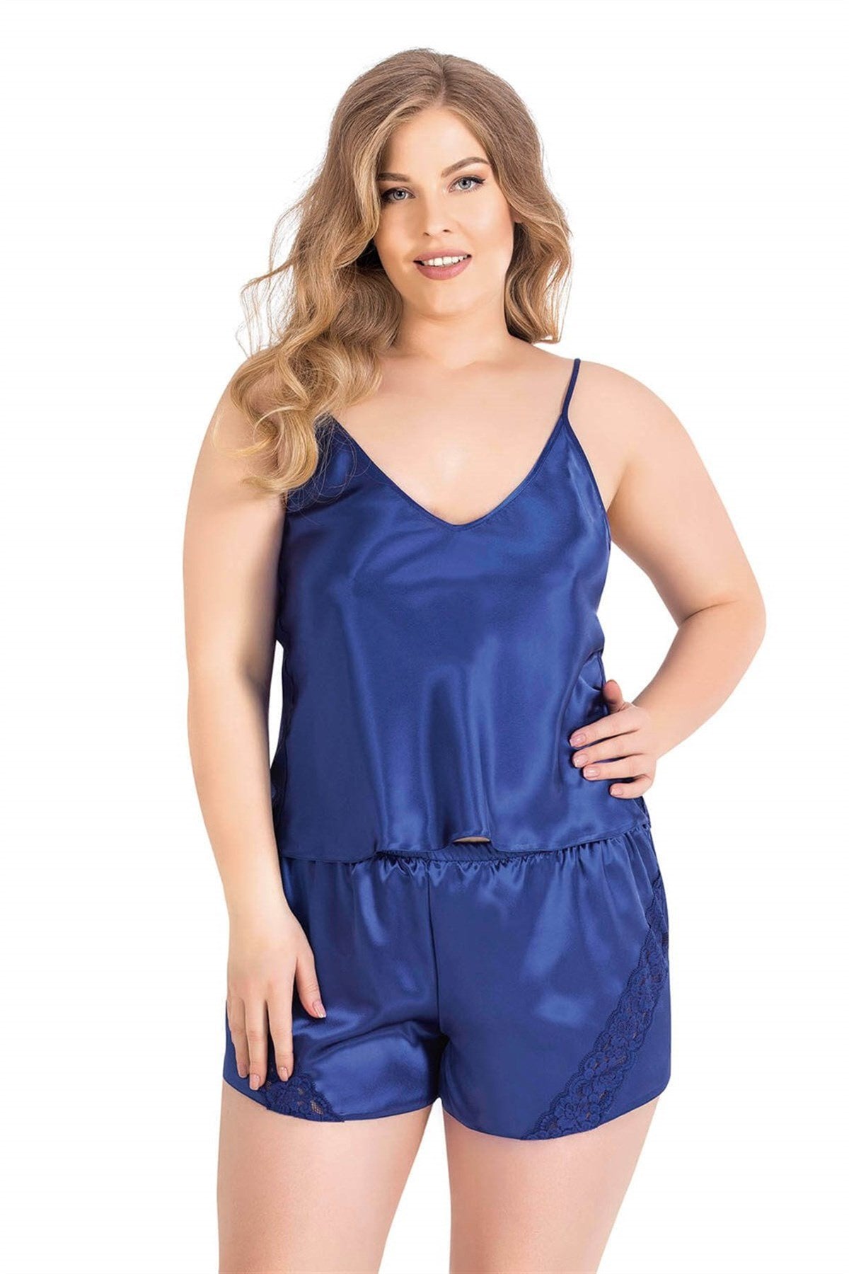 Aria's Closet Büyük Beden Saks Saten Babydoll Şort Takımı SAKS 2XL