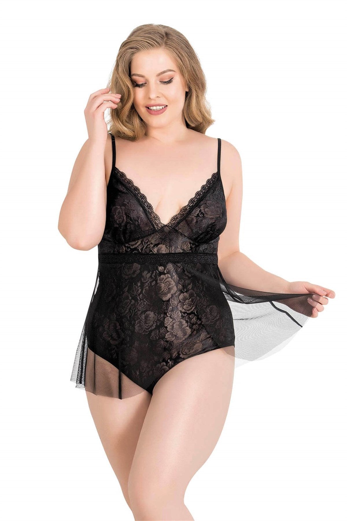 Aria's Closet Büyük Beden Siyah Bodysuit Jakarlı Gecelik SİYAH 2XL