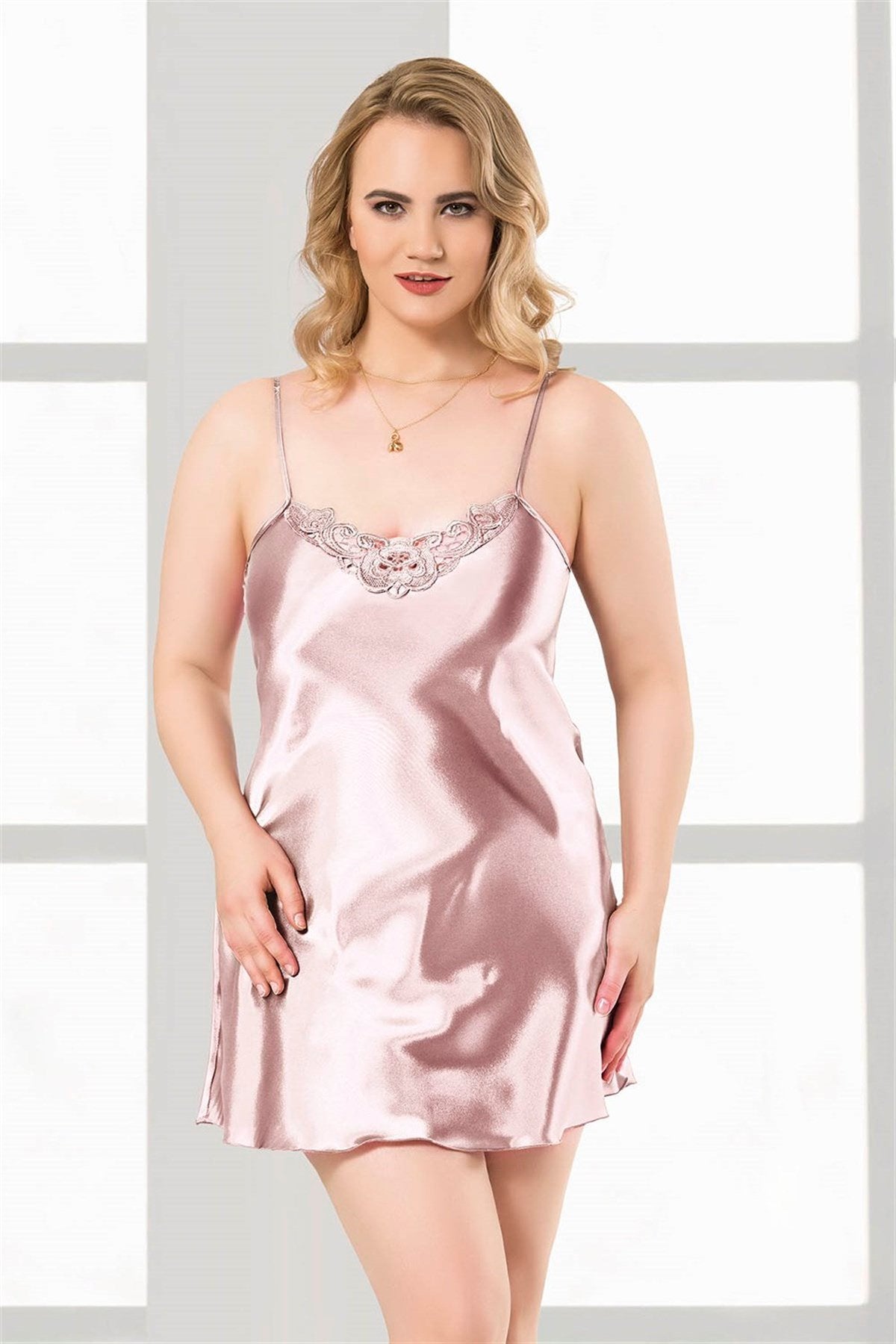 Aria's Closet Büyük Beden Somon Kısa Saten Gecelik SOMON 2XL