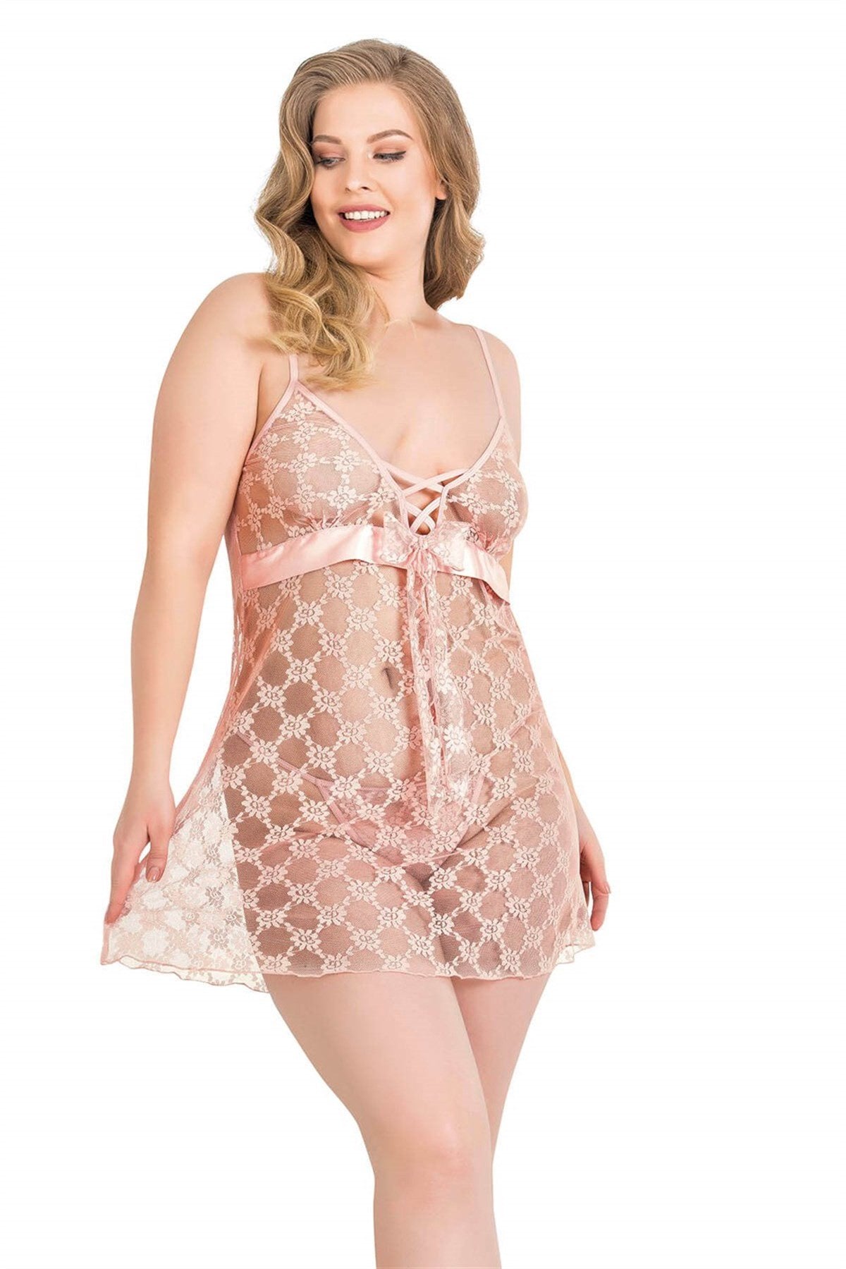 Aria's Closet Büyük Beden Somon Kısa Tül Gecelik SOMON 2XL