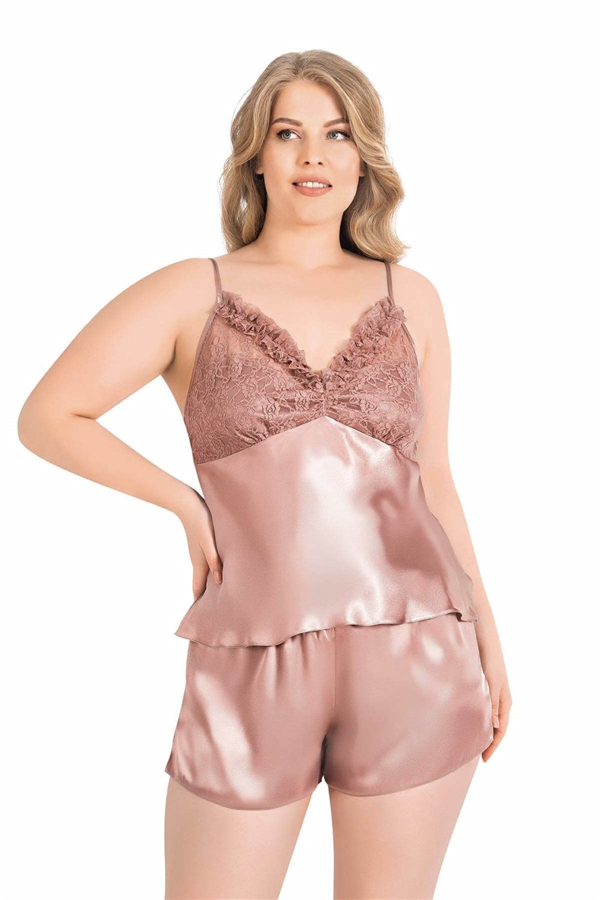 Aria's Closet Büyük Beden Vizon Saten Babydoll Şort Takımı VİZON 2XL