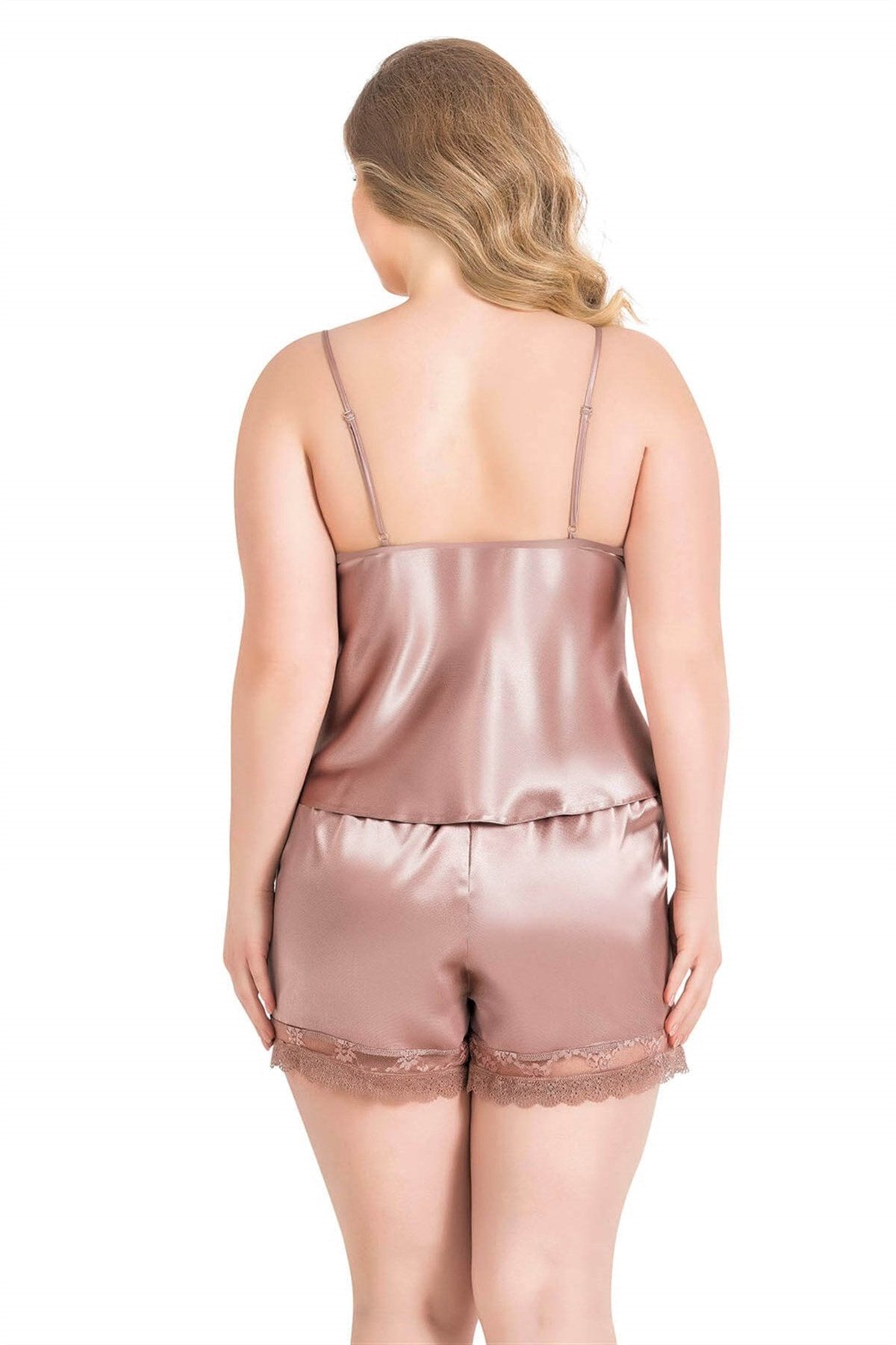 Aria's Closet Büyük Beden Vizon Saten Babydoll Şort Takımı