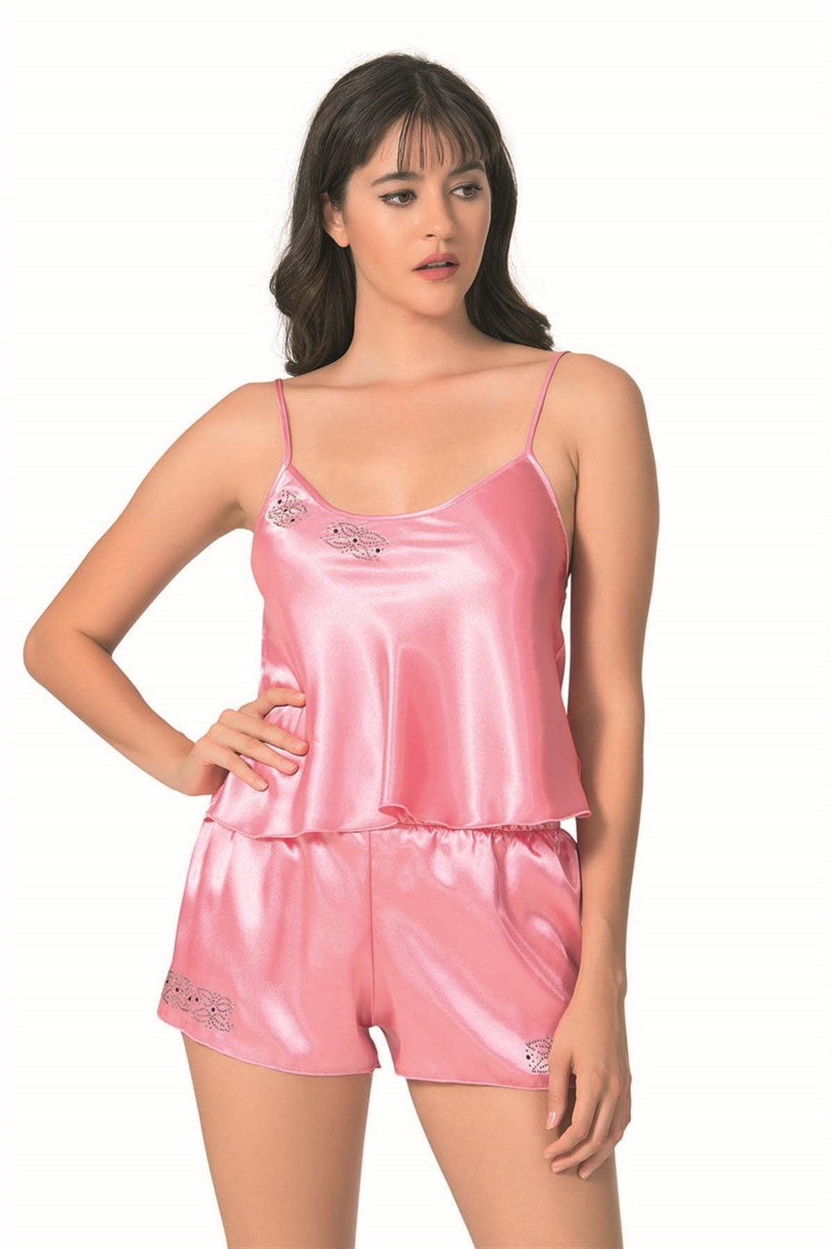 Aria's Closet Koyu Pembe Saten Babydoll Şort Takımı K.PEMBE S