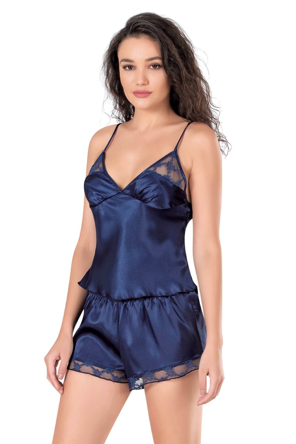 Aria's Closet Lacivert Saten Babydoll Şort Takımı